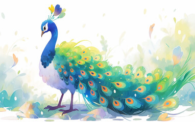 Wall Mural - Abstract cartoon cute peacock illustration on white background. Generative AI technology.