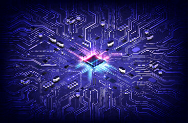 Abstract hardware and software background. Circuit board, Chip processor, Mainboard and code programmer. Hi-tech computer engineer. Cyberpunk tech and database coding. Blue and red neon light effect