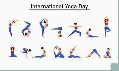 Poster - Character of Women's Set in Different Yoga Pose for International Yoga Day.