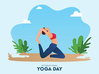 Canvas Print - Illustration of Young Woman in Yoga Pose on Abstract Blue and Green Background for International Yoga Day.