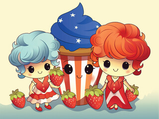 Poster - Cartoon Character of Cute Two Little Girls Standing with Mascot Cupcake or Ice Cream Cup and Strawberries.