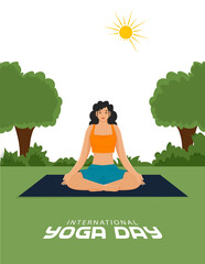 Poster - Beautiful Young Woman Meditating in Lotus Pose on Mat and Sunny Nature Background for International Yoga Day Concept.