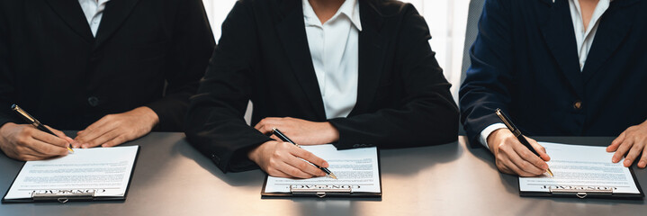 Wall Mural - Panorama view of corporate executives sign joint business contract in boardroom, negotiating partnership agreement for collaboration. Professional agreement between big corporations. Prodigy