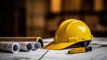 Yellow hard safety helmet hat and the blueprint, pen, ruler, protractor, and tape measure on the table at the construction site.for safety project of workman as engineer or worker