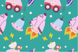 Fototapeta Pokój dzieciecy - Kawaii Outer Space Seamless Pattern Background. Cute Cosmic Perfect Kids Apparel Doodle Cartoon for Galaxy Exploration Universe Trendy Wrapping Textile Collage Graphic Print Vector Illustration