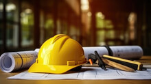 Yellow Hard Safety Helmet Hat And The Blueprint, Pen, Ruler, Protractor, And Tape Measure On The Table At The Construction Site.for Safety Project Of Workman As Engineer Or Worker