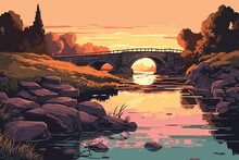 Small Stone Bridge Over The Calm River At Sunset Time Vector Art Illustration Background Generative Ai