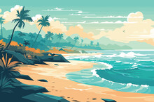 The Tropical Landscape Of Coast Beautiful Sea Shore Beach On Good Sunny Day Flat Vector Art Illustration Background