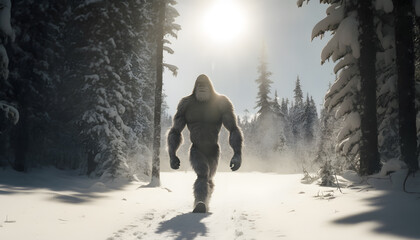 Wall Mural - Mysterious creature bigfoot in middle of winter forest with sun light. Generation AI