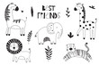 Set of cute wild animals including lion, tiger, zebra, giraffe and elephant. Safari jungle animals vector in doodle style.