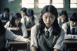 Close up of an asian student girl at school classroom. Generative AI
