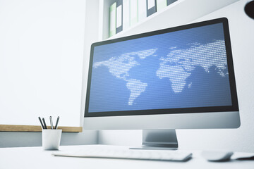 Wall Mural - computer monitor with abstract creative digital world map, globalization concept. 3d rendering