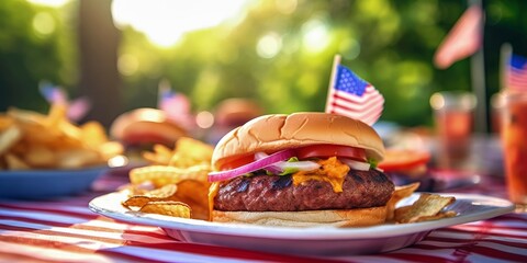 Wall Mural - 4th of july hamburger meal on picnic table outdoors created with generative AI with copy space composition