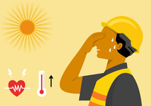 A Worker Man Has Heat Stroke With Heart Rate And High Temperature Symbol, Flat Vector Illustration.