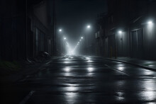 Midnight Road Or Alley With Car Headlights Pointed This Way. Generative AI