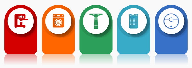 Aufkleber - Home appliances icon set, miscellaneous vector icons such as coffe maker, dryer, window cleaner and vacuum cleaner, modern design infographic template, web buttons in 5 color options