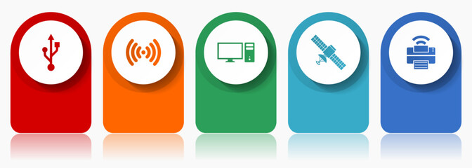 Aufkleber - Technology icon set, miscellaneous vector icons such as usb, wifi, computer, satellite and printer, modern design infographic template, web buttons in 5 color options