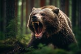 Fototapeta  - Angry frightening grizzly bear in the wild forest. Generative AI, Generative AI