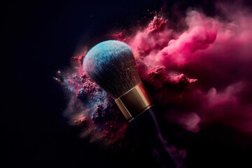 Makeup brush with colorful powder explosion or eyeshadow isolated in dark background. generative AI