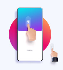 Wall Mural - hand touchscreen gesture. vector 3d hand actions icon on touch screen like scroll down. touchscreen 