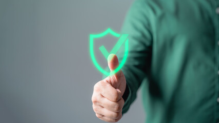 Poster - Customer is pressing identity proofing icon for security protection systems on virtual screen. Quality assurance of business services. Certified guarantee approval or secure access system concept.