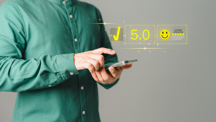Poster - Customer using a mobile phone to rate service satisfaction with virtual screens on smile face icon. Comment scores are very impressive. Customer service assessment, testimonial, and feedback.