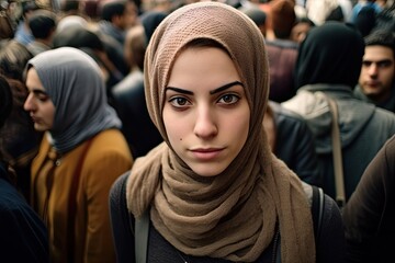 Sticker - pretty, beautiful, very attractive middle eastern young woman looking at the camera posing at an Arab city market.