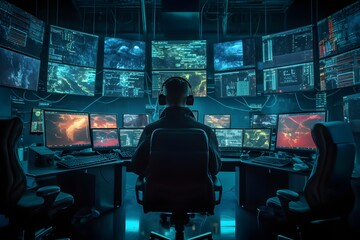 male programmer or hacker in front of many screens with program data on them