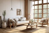 Fototapeta Przestrzenne - Interior of a beige living room decorated in a Scandinavian farmhouse style with natural wood furnishings,Modern luxury living room | Modern interior living room design ,Generative AI
