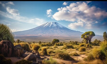 Sunset At Mountain Kilimanjaro Tanzania And Kenya, Travel Summer Holiday Vacation Idea Concept. 