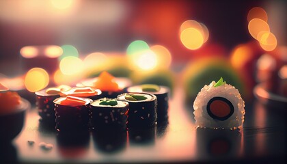 Sushi maki rolls closeup set. Traditional Japanese composition on dark bokeh background. Generative AI illustration