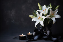 Burning Candle, White Lily Flowers And Black Funeral Ribbon On Dark Background With Space For Text