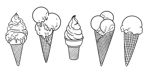 Ice cream vector line art illustration set, ink drawings