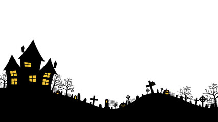 Wall Mural - Silhouette background for Halloween with scary panorama of haunted castle residing in cemetery. Design with a transparent background.