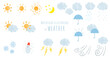 Leinwandbild Motiv 晴れや曇り、雨や雪や雷等、太陽や雲の天気を表す水彩画ラストのセット