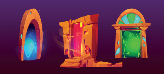Wall Mural - set of ancient stone portals with magic light isolated on background. vector cartoon illustration of