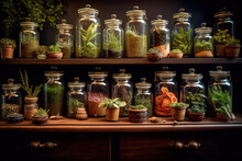 Old Jars With Medicinal Herbs, Plants. Alternative Medicine, Homeopathy, Chemistry, Pharmacy, Apothecary, Alchemy History Background