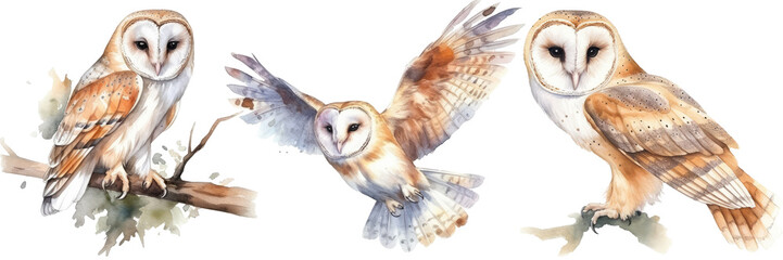Wall Mural - Collection of three watercolour paintings of a barn owl isolated on white background as transparent PNG, generative AI animal clipart bundle