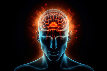 Medical x-ray illustration depicting a man experiencing severe headache or migraine against a dark background