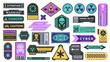 © Tartila - Cyberpunk decal. Warning label for security or warning, rerto-futuristic black stripe design with industrial attention and danger sign. Vector isolated set