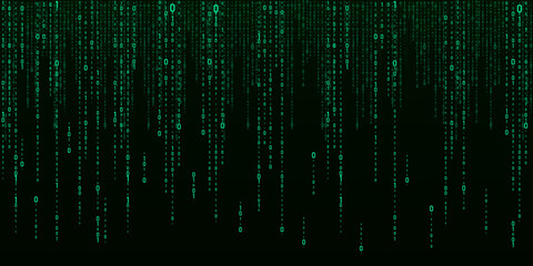 Vector digital green background of streaming binary code. Matrix background with numbers 1.0. Coding or hacking concept. Vector illustration.