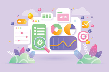 Wall Mural - online marketing, financial report chart, data analysis, and web development concept. seo optimizati