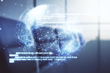 Wall Mural - multi exposure of abstract programming language hologram and world map on a modern furnished office 