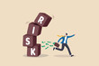 Risk averse, avoid or minimize risk, run away from uncertainty, fear or safety decision for investment, prefer security or stability concept, businessman investor run away from risk collapsing box.