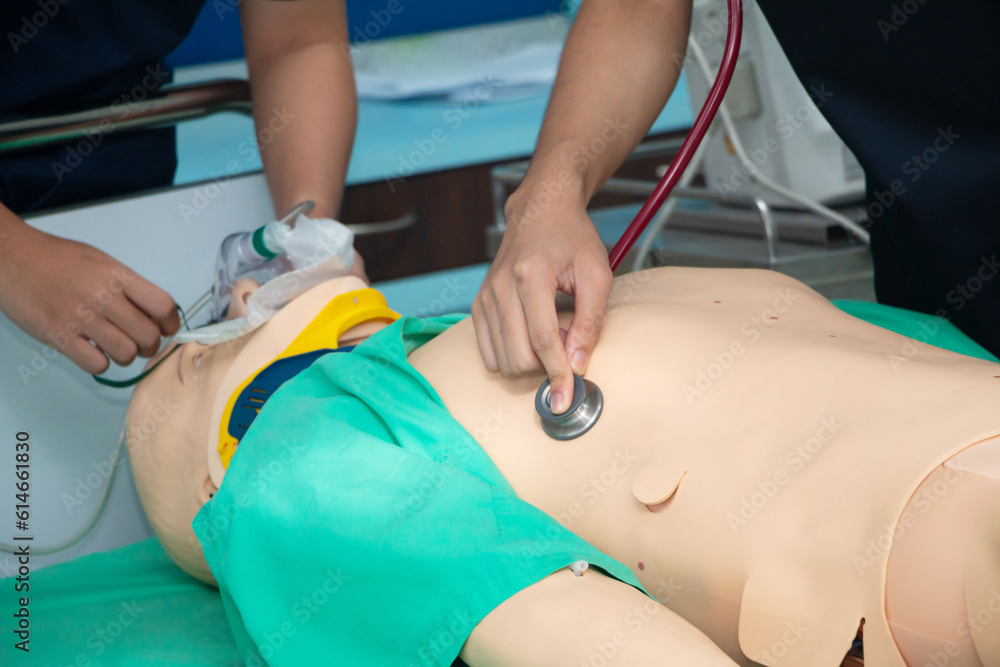chest compression and ventilation with mask with bag on model for ...