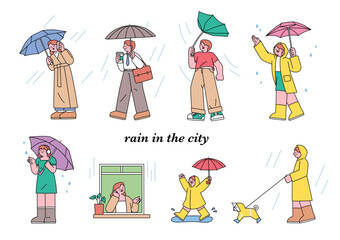 Wall Mural - people on the street on a rainy day. simple flat design style illustration with outlines.