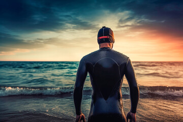 Triathlon participant about to enter the water to swim