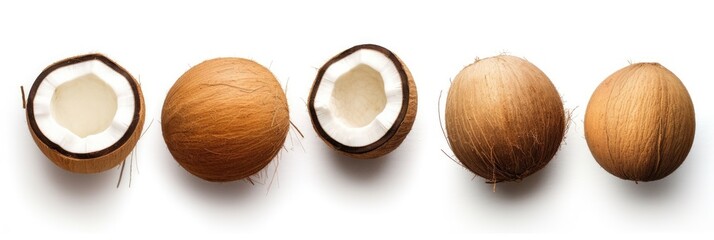 Wall Mural - Top view of coconut, Set of fresh whole and half coconut and slices isolated on white background. Generative ai