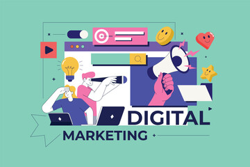 Wall Mural - trendy illustration of digital marketing concept. social network and media communication. seo, sem a