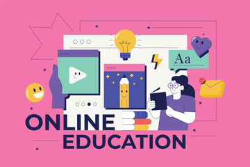 Wall Mural - trendy illustration of online education, communication, meeting, online class, dialog, conversation 